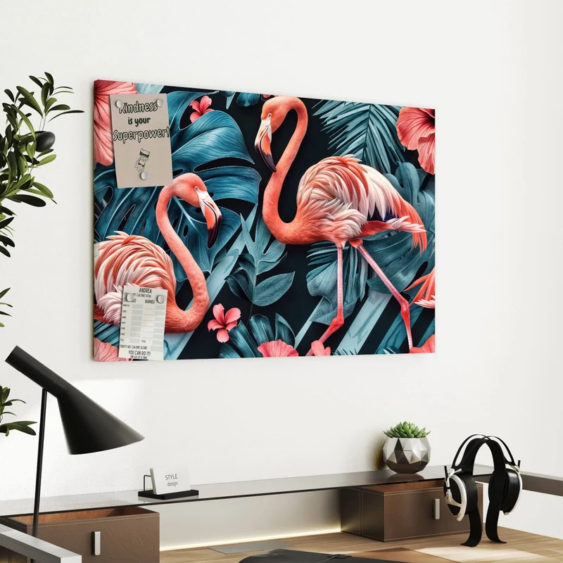 Metall Magnettafel - Flamingo und Hibiskus