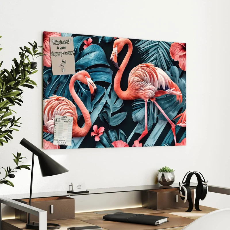 Metall Magnettafel - Flamingo und Hibiskus