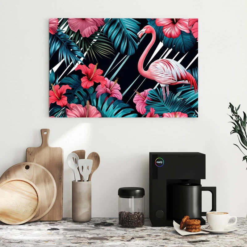 Metall Magnettafel - Flamingo auf Schwarz