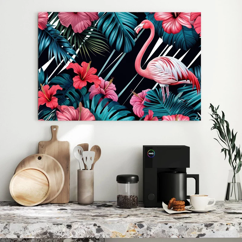 Metall Magnettafel - Flamingo auf Schwarz