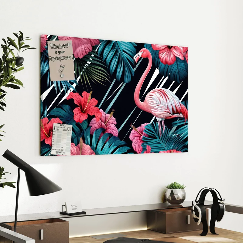 Metall Magnettafel - Flamingo auf Schwarz