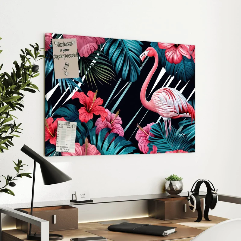 Metall Magnettafel - Flamingo auf Schwarz