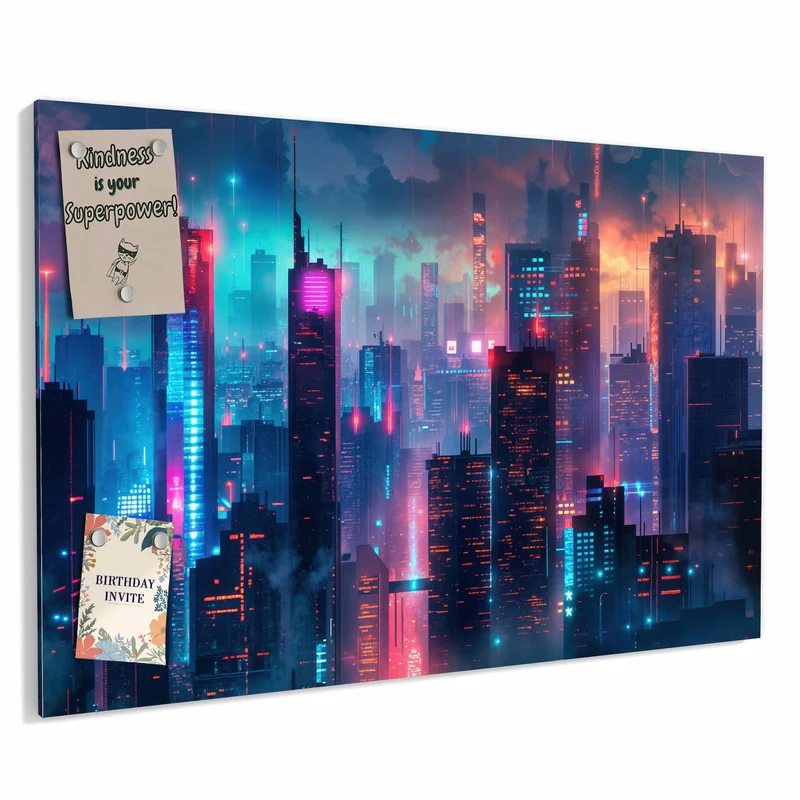 Metall Magnettafel - Neon Skyline bei Nacht