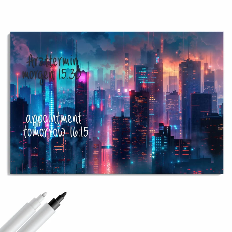 Metall Magnettafel - Neon Skyline bei Nacht