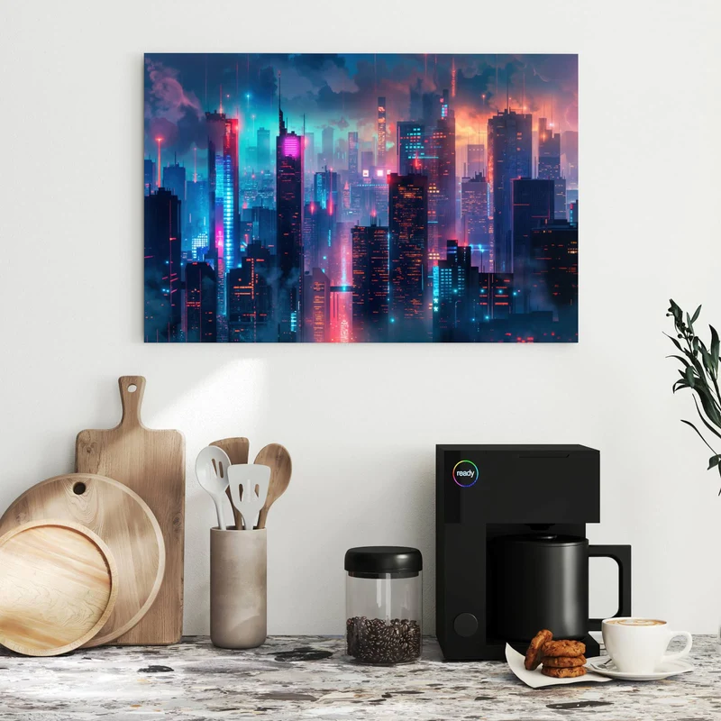 Metall Magnettafel - Neon Skyline bei Nacht