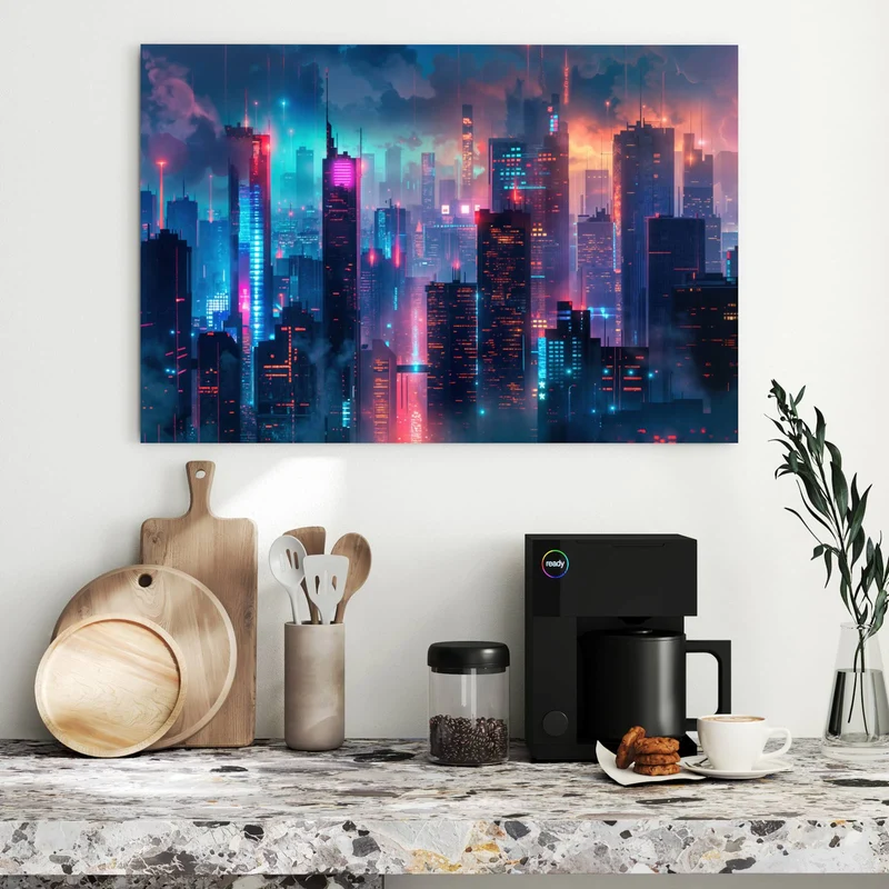 Metall Magnettafel - Neon Skyline bei Nacht
