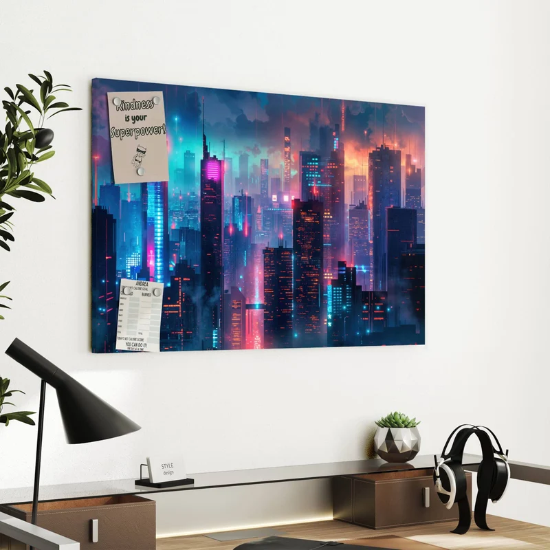 Metall Magnettafel - Neon Skyline bei Nacht