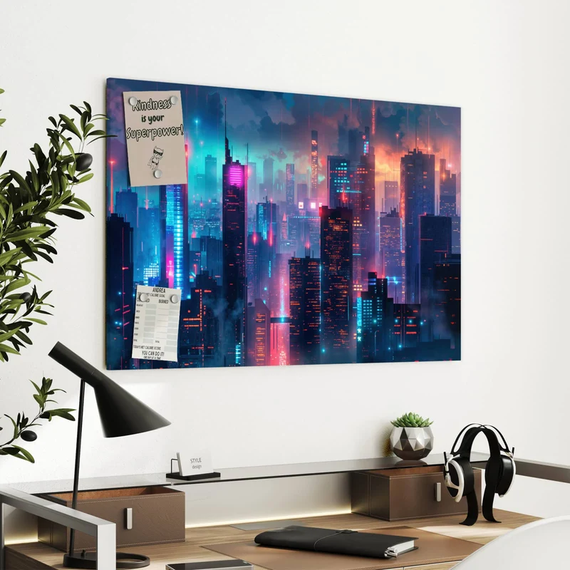 Metall Magnettafel - Neon Skyline bei Nacht