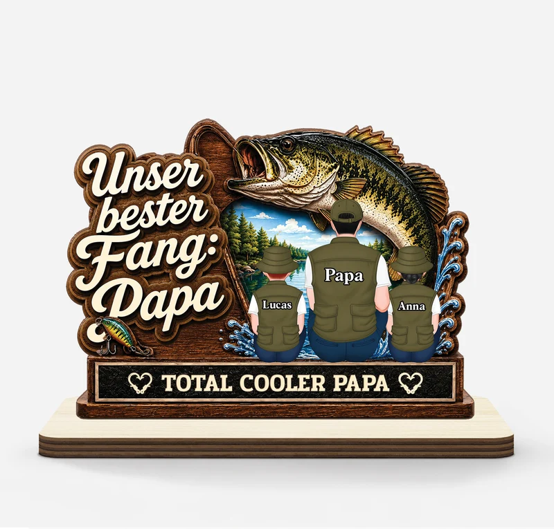 [3D-Optik] Unser Tollester Fang Total Cooler Papa Opa - Personalisiertes Geschenk | Angeln Holzaufsteller Mit Standfuß