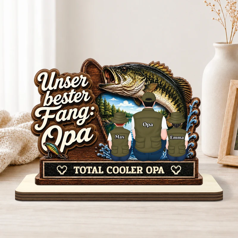 [3D-Optik] Unser Tollester Fang Total Cooler Papa Opa - Personalisiertes Geschenk | Angeln Holzaufsteller Mit Standfuß