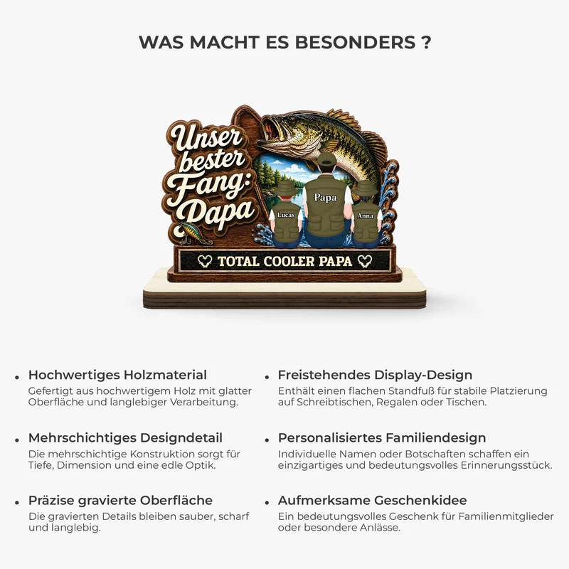 [3D-Optik] Unser Tollester Fang Total Cooler Papa Opa - Personalisiertes Geschenk | Angeln Holzaufsteller Mit Standfuß