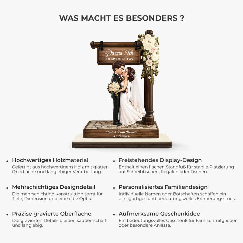 [3D-Optik] Du & Ich Für Immer Und Ewig - Personalisierte Hochzeitsgeschenke | Holzaufsteller Mit Standfuß