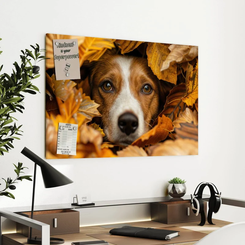Metall Magnettafel - Hund im Herbstlaub