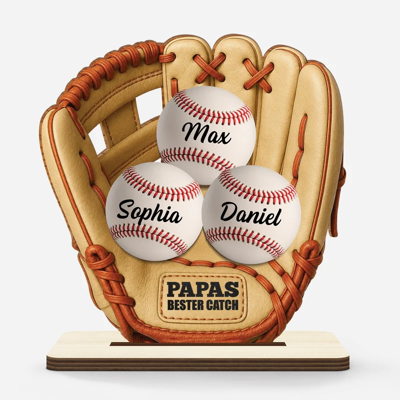 [3D-Optik] Papas Bester Catch Baseball - Personalisiertes Geschenk | Holzaufsteller Mit Standfuß Papa Mama