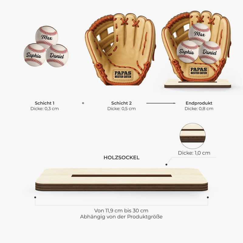 [3D-Optik] Papas Bester Catch Baseball - Personalisiertes Geschenk | Holzaufsteller Mit Standfuß Papa Mama