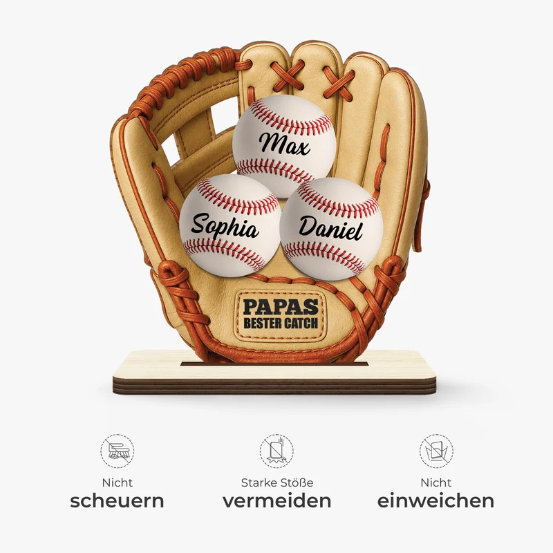 [3D-Optik] Papas Bester Catch Baseball - Personalisiertes Geschenk | Holzaufsteller Mit Standfuß Papa Mama