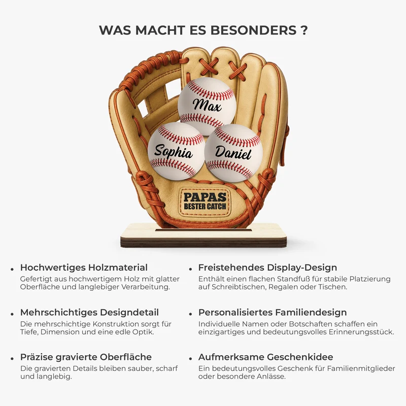 [3D-Optik] Papas Bester Catch Baseball - Personalisiertes Geschenk | Holzaufsteller Mit Standfuß Papa Mama
