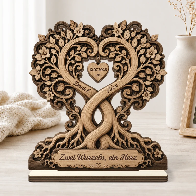 Zwei Wurzeln Ein Herz - Personalisierte Hochzeitsgeschenke | Holzaufsteller Mit Standfuß Brautpaar