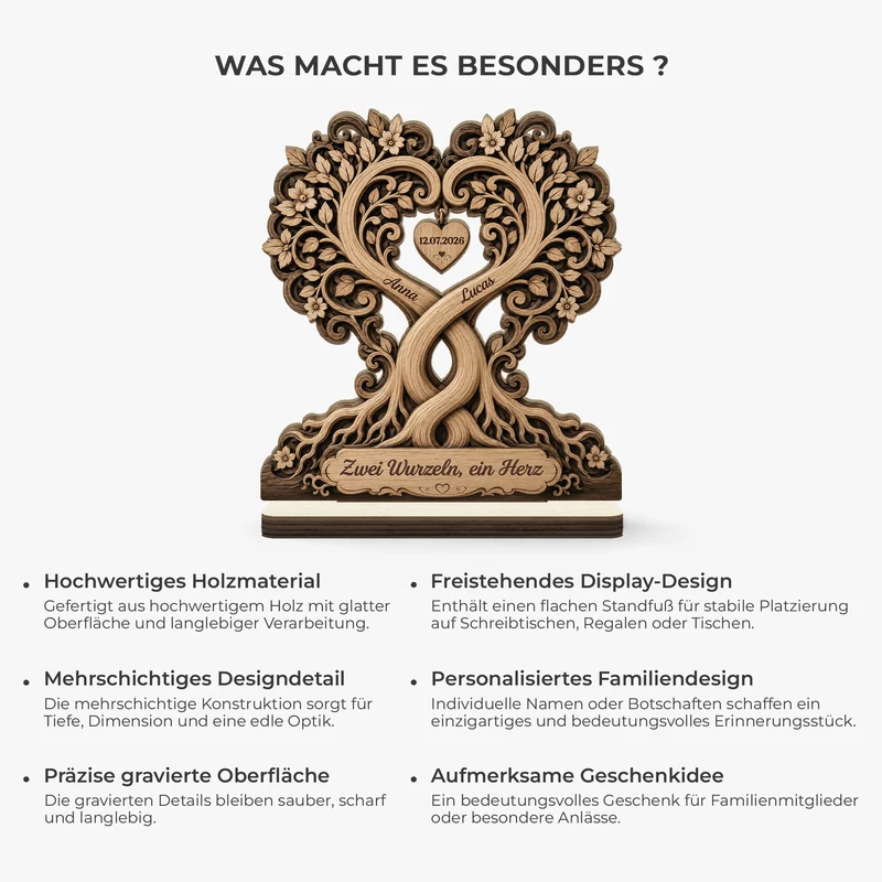 Zwei Wurzeln Ein Herz - Personalisierte Hochzeitsgeschenke | Holzaufsteller Mit Standfuß Brautpaar