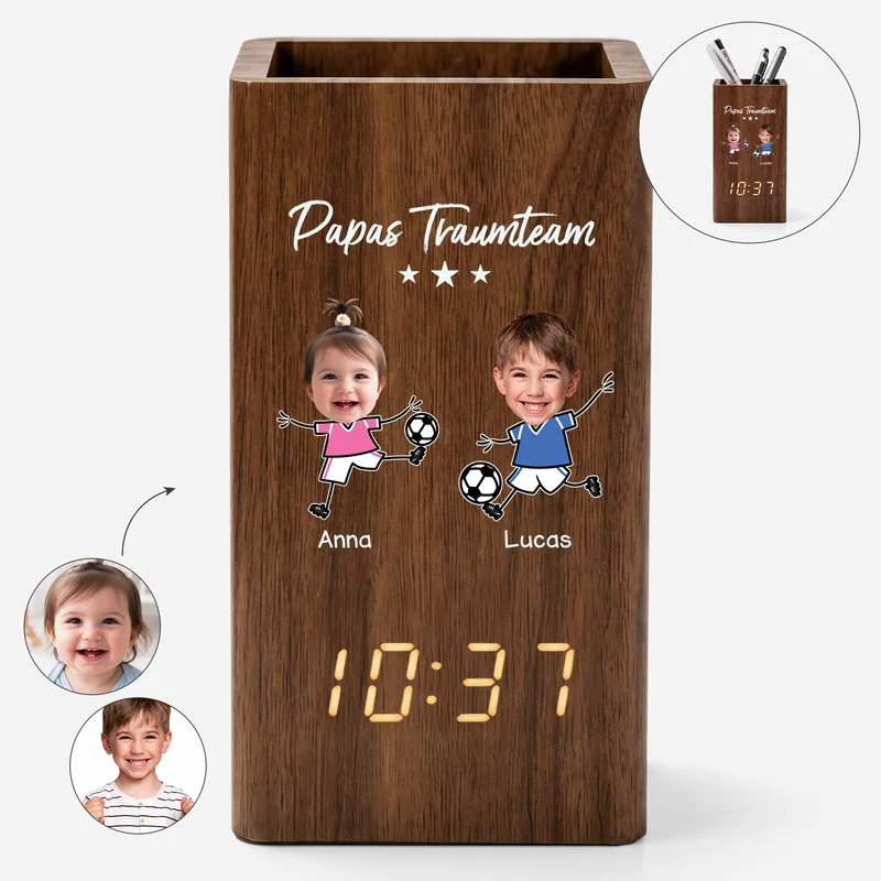 Papas Dreamteam Fußball - Personalisiertes Geschenk | Stiftehalter Mit Uhr Gesicht Papa Mama