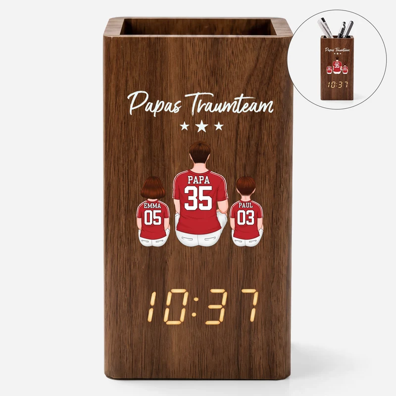 Papas Dreamteam Fußball - Personalisiertes Geschenk | Stiftehalter Mit Uhr