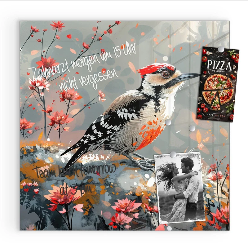 Magnettafel - Specht zwischen Blumen
