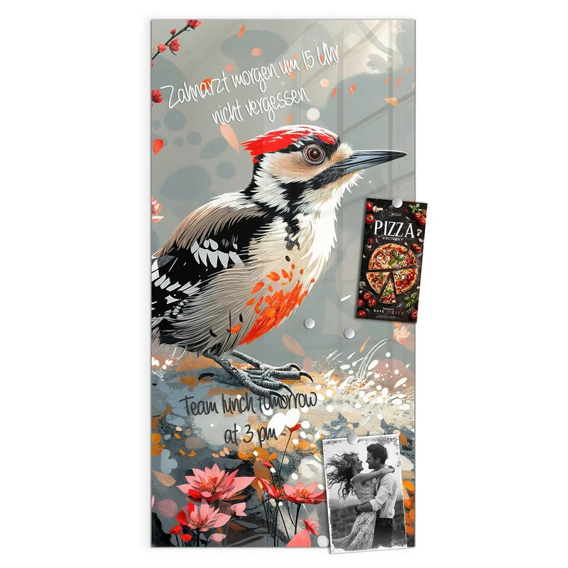 Magnettafel - Specht zwischen Blumen