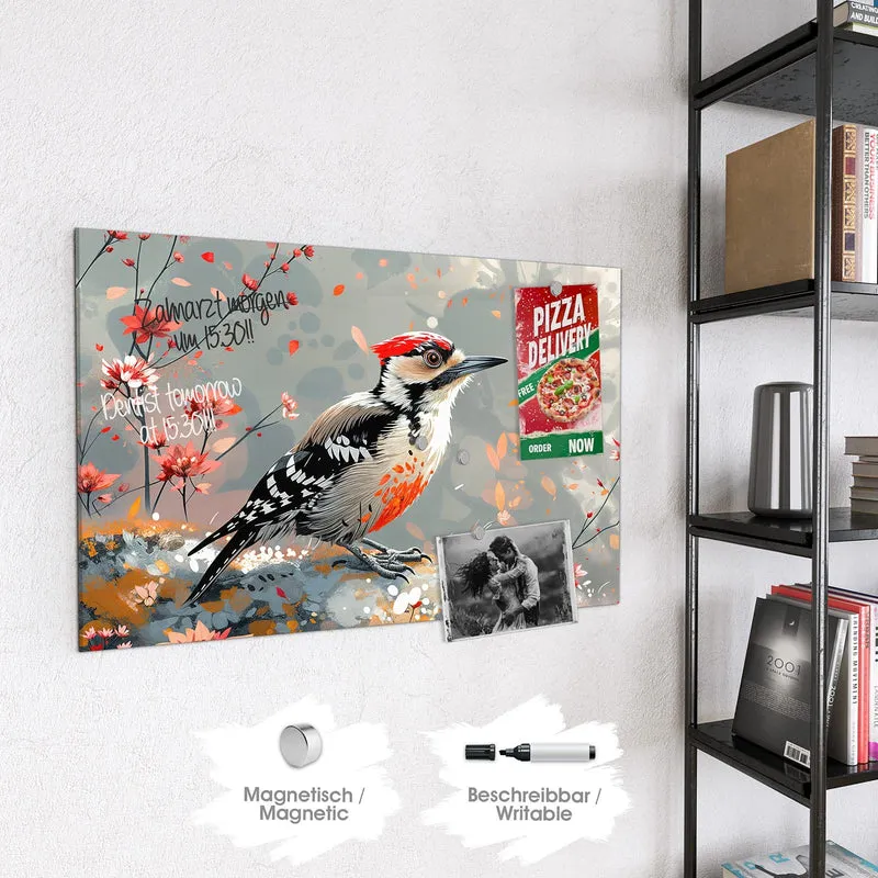 Magnettafel - Specht zwischen Blumen