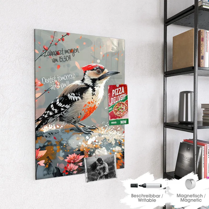 Magnettafel - Specht zwischen Blumen