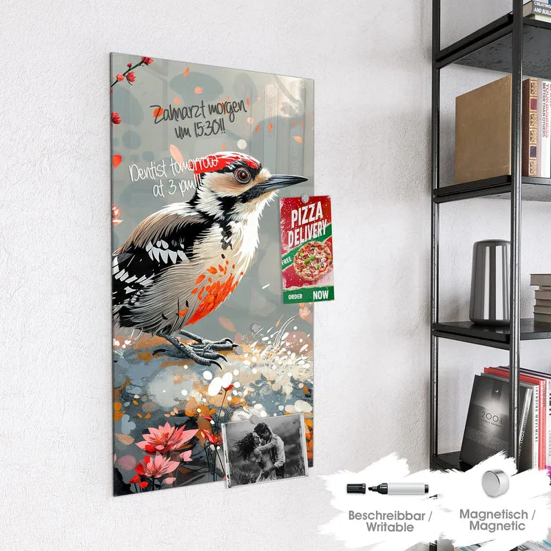 Magnettafel - Specht zwischen Blumen