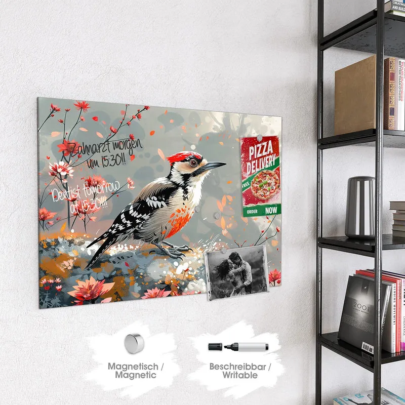 Magnettafel - Specht zwischen Blumen