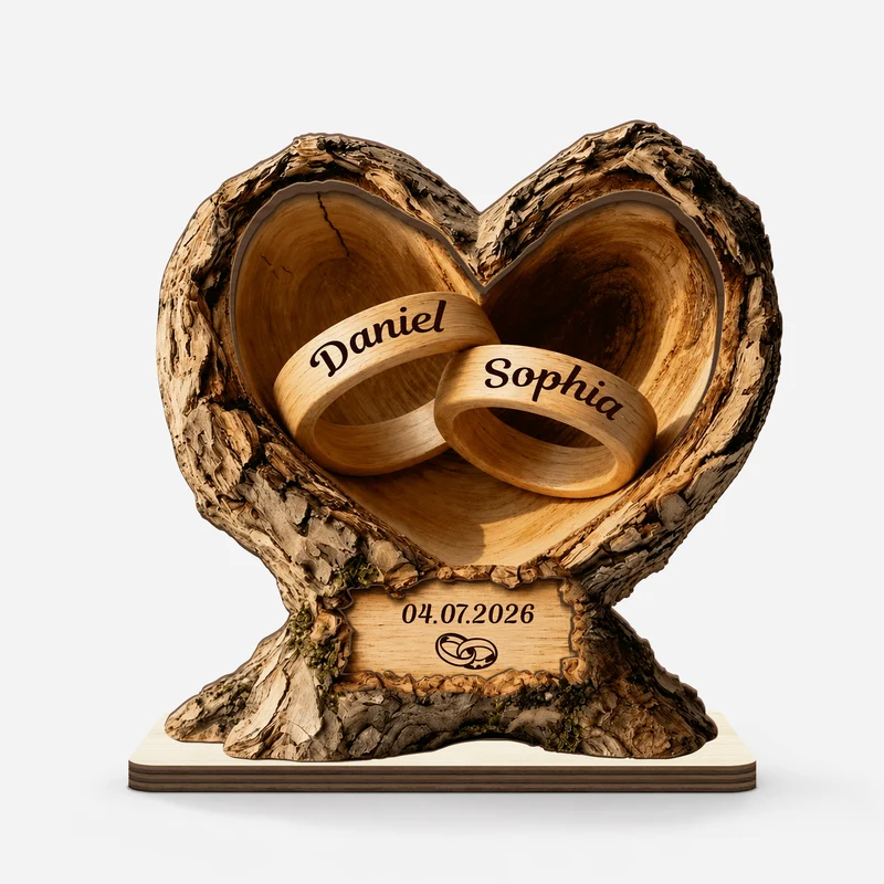 [3D-Optik] Hochzeitsringe - Personalisierte Geschenke Paar | Holzaufsteller Mit Standfuß