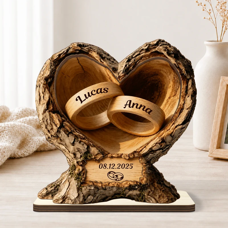 [3D-Optik] Hochzeitsringe - Personalisierte Geschenke Paar | Holzaufsteller Mit Standfuß