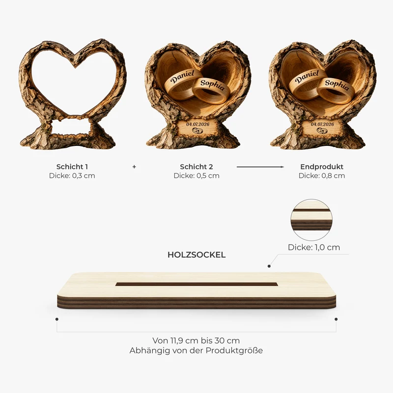 [3D-Optik] Hochzeitsringe - Personalisierte Geschenke Paar | Holzaufsteller Mit Standfuß