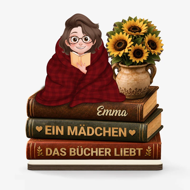 [3D-Optik] Einfach Ein Mädchen Das Bücher Liebt - Personalisierte Geschenke Für Leseratten Frauen Männer | Holzaufsteller Mit Standfuß Cartoon