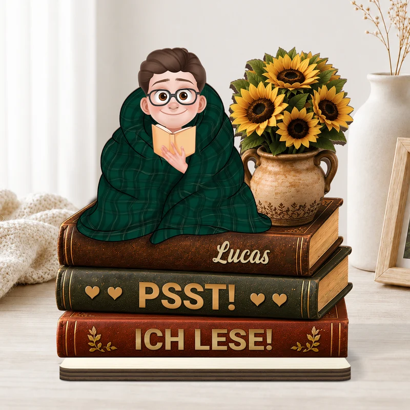 [3D-Optik] Einfach Ein Mädchen Das Bücher Liebt - Personalisierte Geschenke Für Leseratten Frauen Männer | Holzaufsteller Mit Standfuß Cartoon