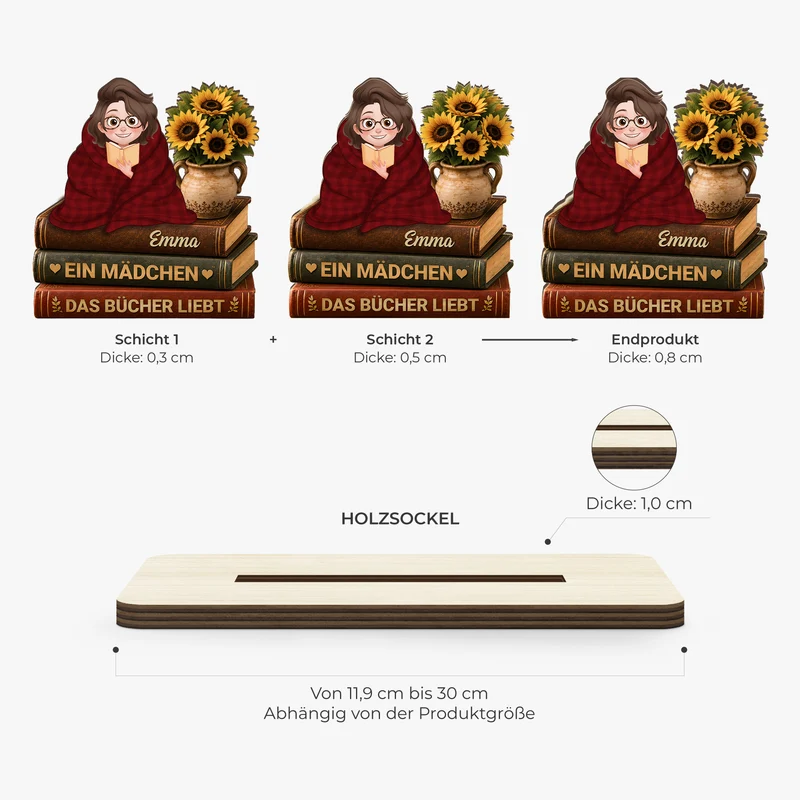 [3D-Optik] Einfach Ein Mädchen Das Bücher Liebt - Personalisierte Geschenke Für Leseratten Frauen Männer | Holzaufsteller Mit Standfuß Cartoon