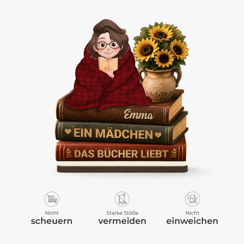 [3D-Optik] Einfach Ein Mädchen Das Bücher Liebt - Personalisierte Geschenke Für Leseratten Frauen Männer | Holzaufsteller Mit Standfuß Cartoon