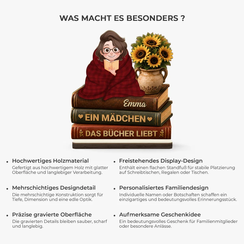[3D-Optik] Einfach Ein Mädchen Das Bücher Liebt - Personalisierte Geschenke Für Leseratten Frauen Männer | Holzaufsteller Mit Standfuß Cartoon