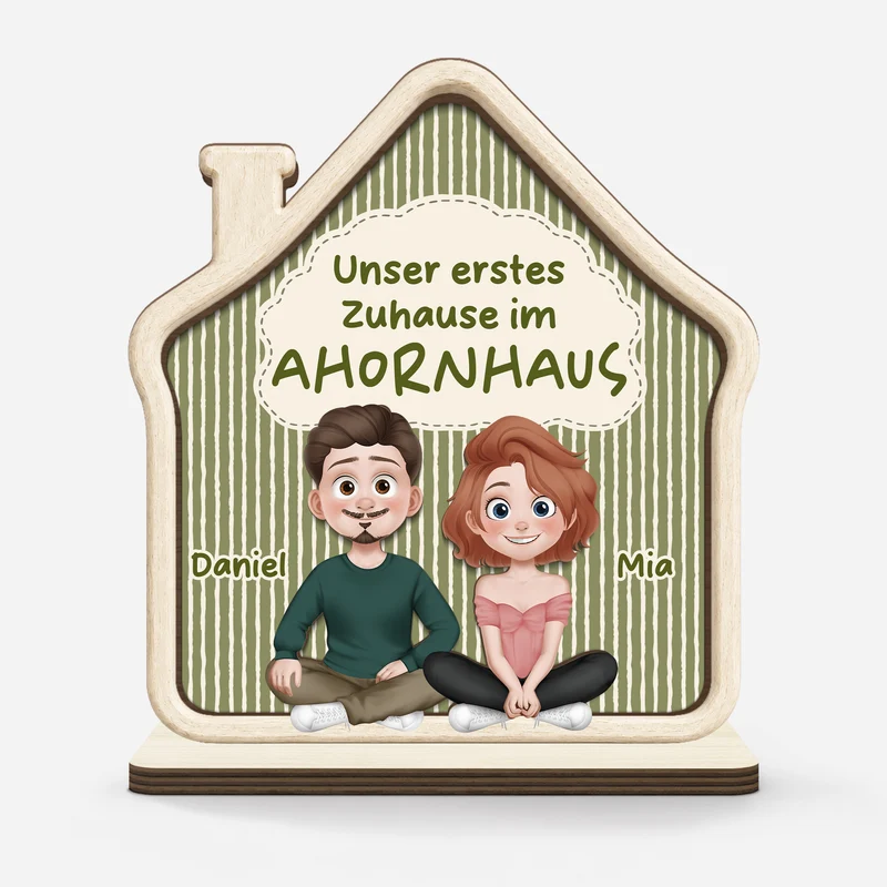 Unser Erstes Zuhause - Personalisierte Geschenke Paar | Holzaufsteller Mit Standfuß Cartoon Streifen