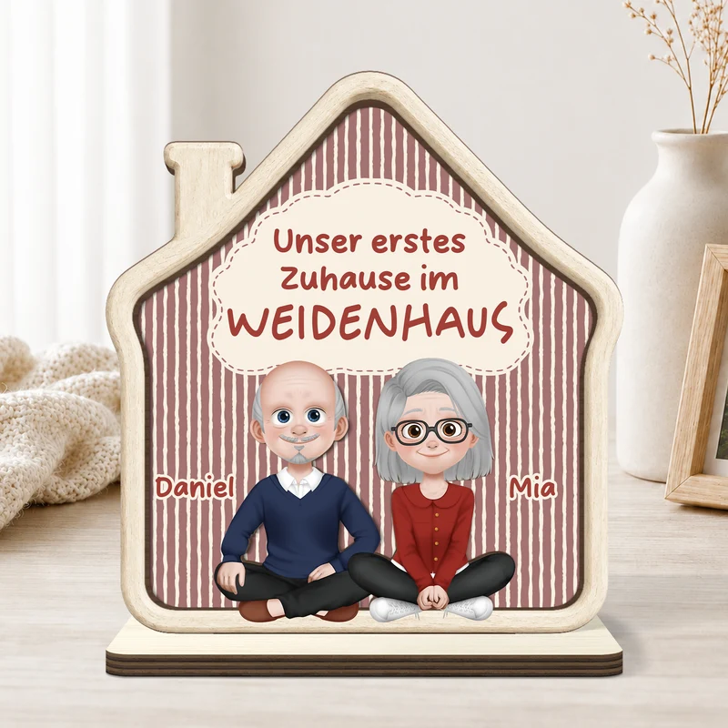 Unser Erstes Zuhause - Personalisierte Geschenke Paar | Holzaufsteller Mit Standfuß Cartoon Streifen
