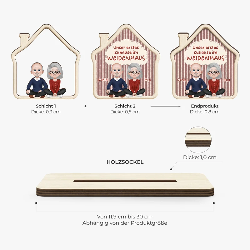 Unser Erstes Zuhause - Personalisierte Geschenke Paar | Holzaufsteller Mit Standfuß Cartoon Streifen