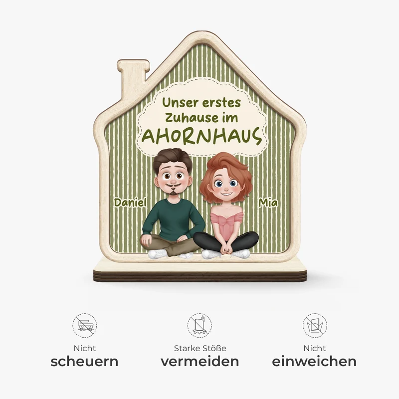 Unser Erstes Zuhause - Personalisierte Geschenke Paar | Holzaufsteller Mit Standfuß Cartoon Streifen