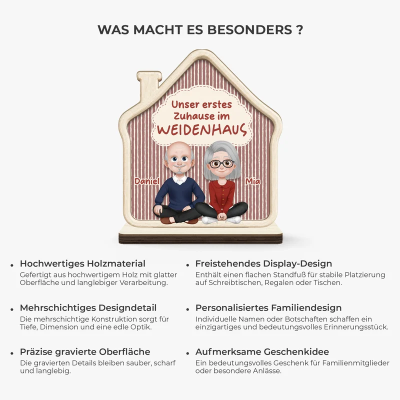 Unser Erstes Zuhause - Personalisierte Geschenke Paar | Holzaufsteller Mit Standfuß Cartoon Streifen