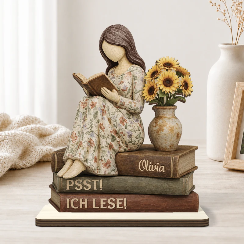 [3D-Optik] Einfach Ein Mädchen Das Bücher Liebt - Personalisierte Geschenke Für Leseratten Frauen | Holzaufsteller Mit Standfuß