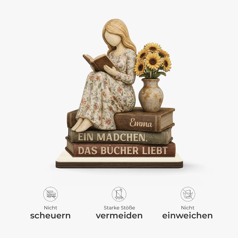 [3D-Optik] Einfach Ein Mädchen Das Bücher Liebt - Personalisierte Geschenke Für Leseratten Frauen | Holzaufsteller Mit Standfuß