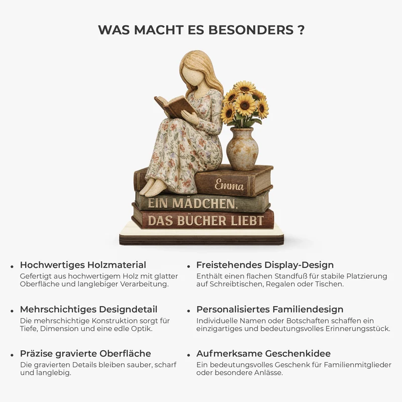 [3D-Optik] Einfach Ein Mädchen Das Bücher Liebt - Personalisierte Geschenke Für Leseratten Frauen | Holzaufsteller Mit Standfuß