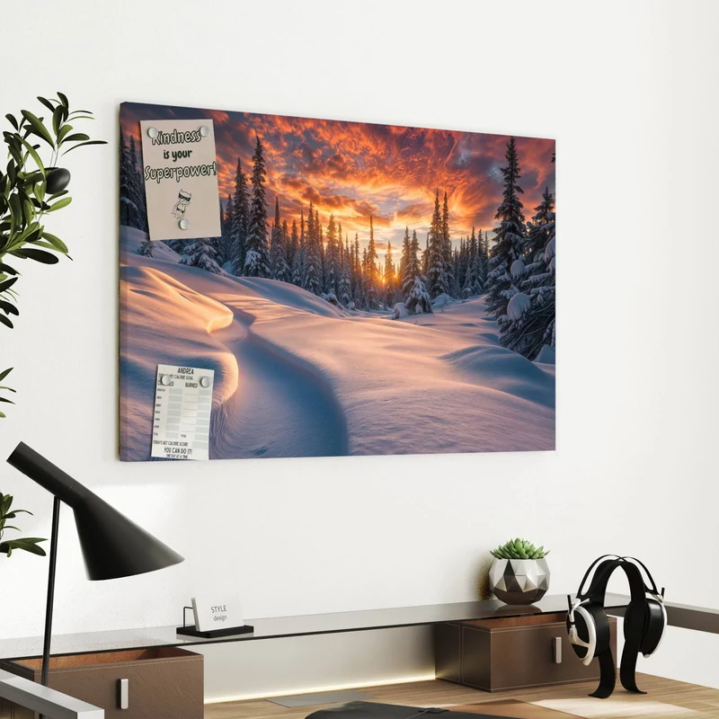 Metall Magnettafel - Roter Himmel über Schnee