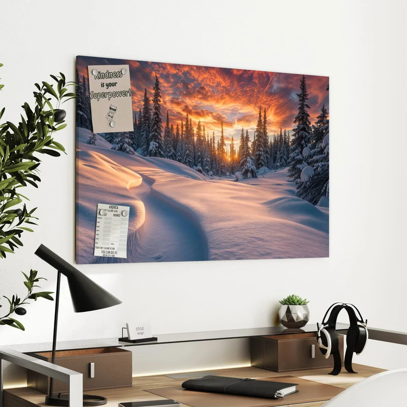 Metall Magnettafel - Roter Himmel über Schnee