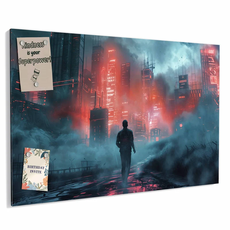 Metall Magnettafel - Stadt im roten Neonlicht